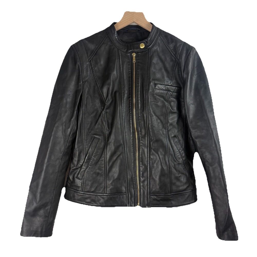 Cole Haan Black Lambskin Moto Jacket Women’s Large Zipper Pockets Collared